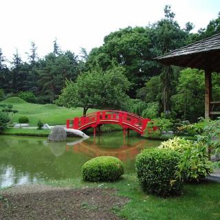 Décor pour votre tournage : petit pont rouge sur le lac du jardin japonais
